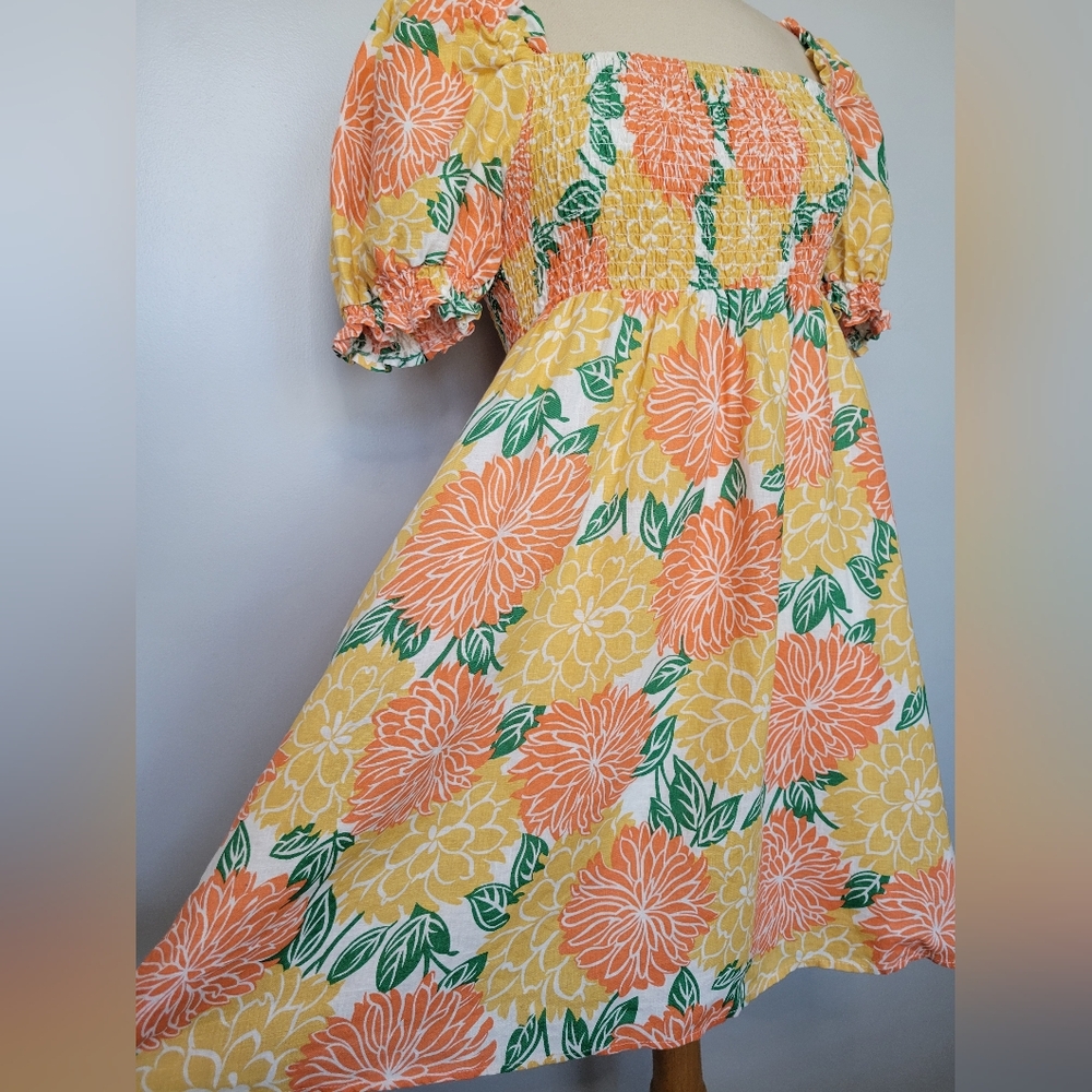 House of Harlow 1960 Linen Babydoll Floral Smocked Puff Sleeve Dress SZ M - Picture 4 of 9